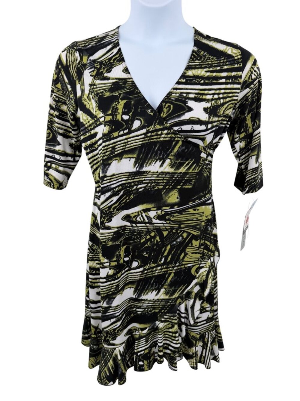 NWT LASANIA ABSTRACT GREEN & BLACK V-NECK RUFFLED HEM DRESS - 12